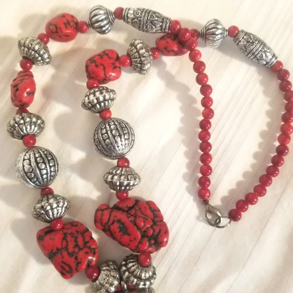 Silver Red Magnesite Southwest Statement Necklace